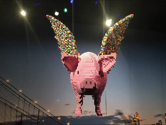 The flying pig at The Art of the Brick exhibit at Cincinnati Museum Center in 2016.